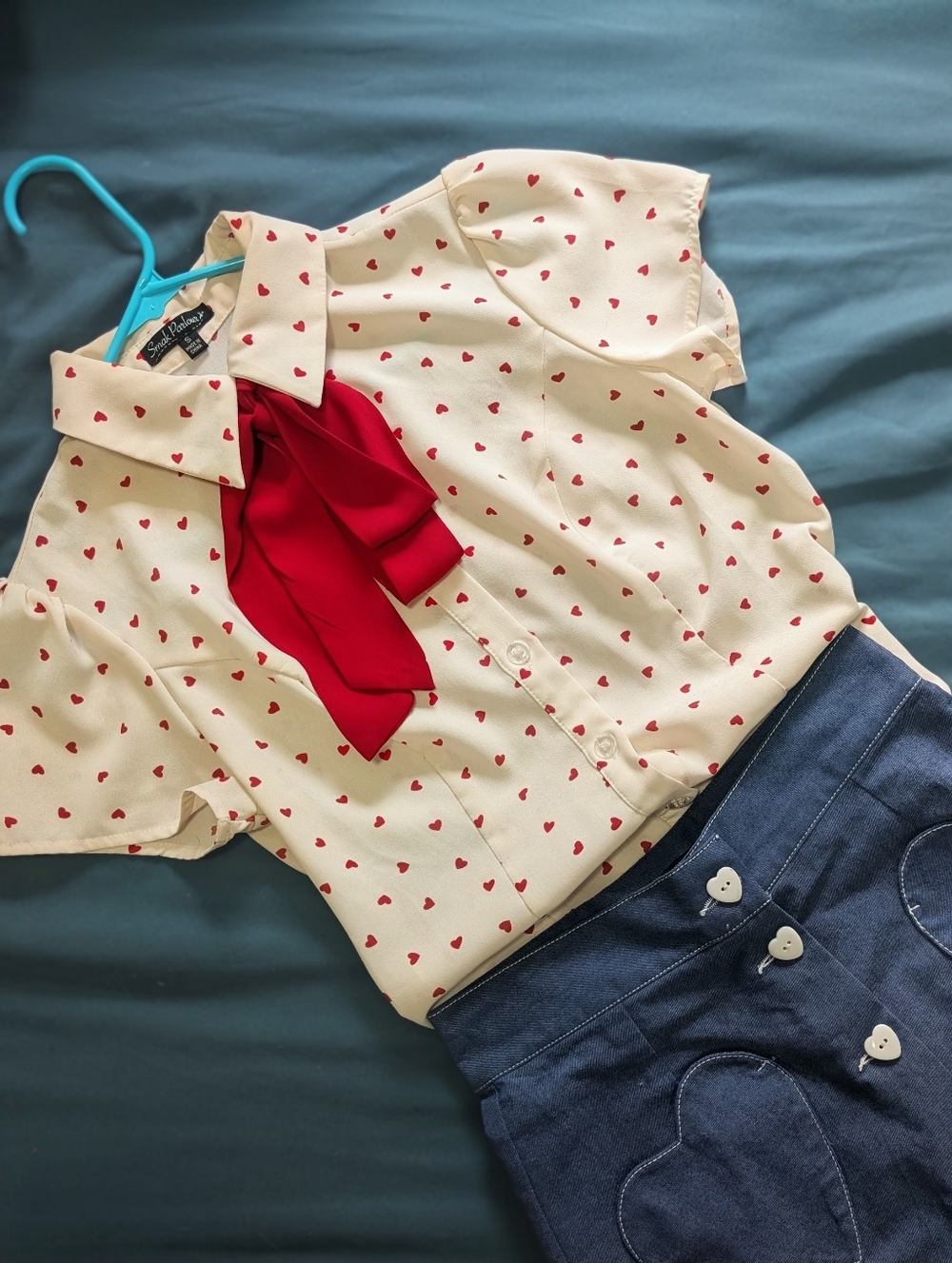 Unique Vintage Ivory Heart Print Blouse with Burgundy Tie
